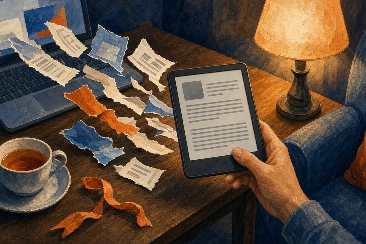 An e-reader held in one hand beside paper clippings of articles on a table.